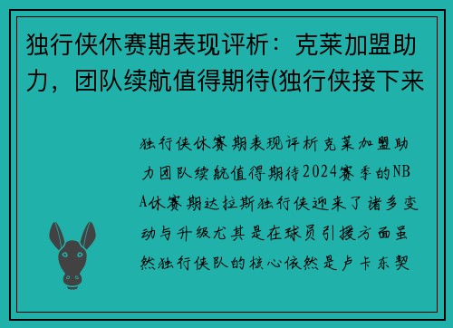 独行侠休赛期表现评析：克莱加盟助力，团队续航值得期待(独行侠接下来的比赛)