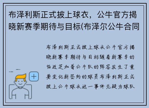布泽利斯正式披上球衣，公牛官方揭晓新赛季期待与目标(布泽尔公牛合同)